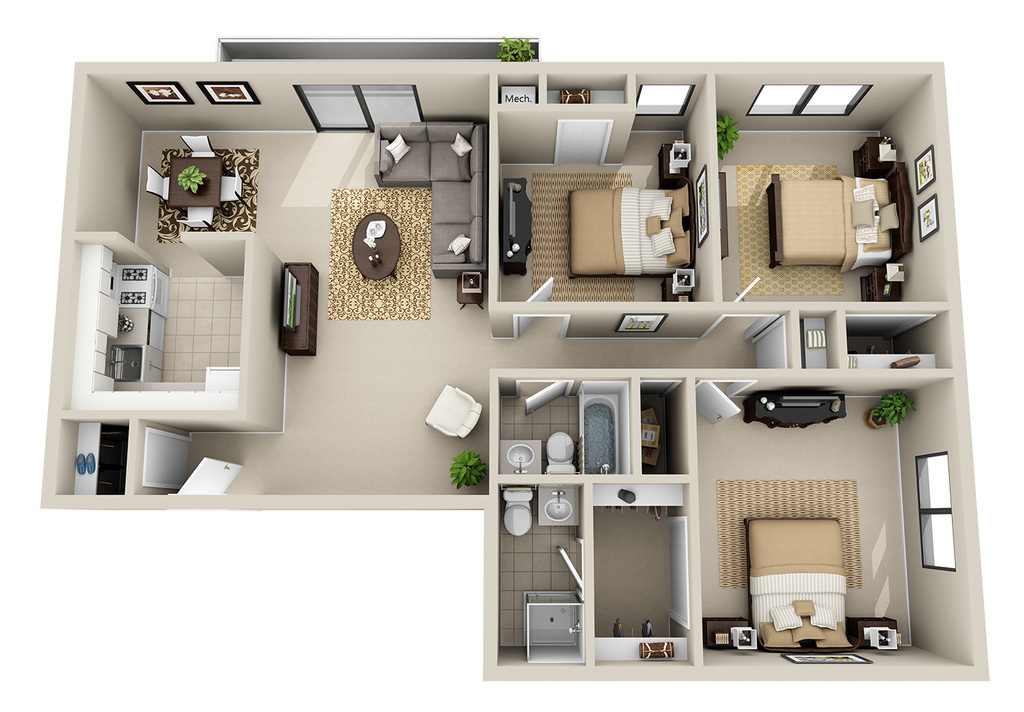 3 Bedrooms 2 Bath (3T)