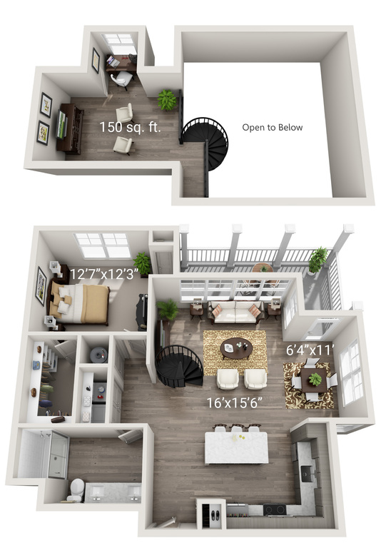 1 Bedroom 1 Bath Loft<br>(A2) - Third Floor