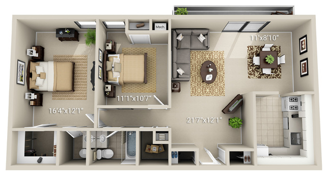 2 Bedroom 1.5 Bath (2HS)