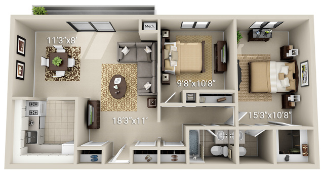 2 Bedroom 1.5 Bath (2HT)