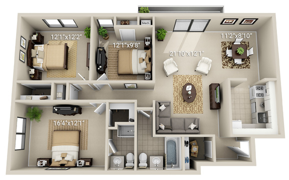 3 Bedroom 2 Bath (3S)