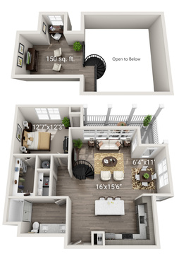 1 Bedroom 1 Bath Loft<br>(A2) - Third Floor