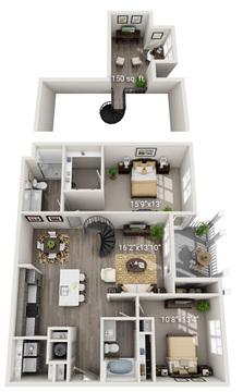 2 Bedroom 2 Bath Loft<br>(B2) - Third Floor
